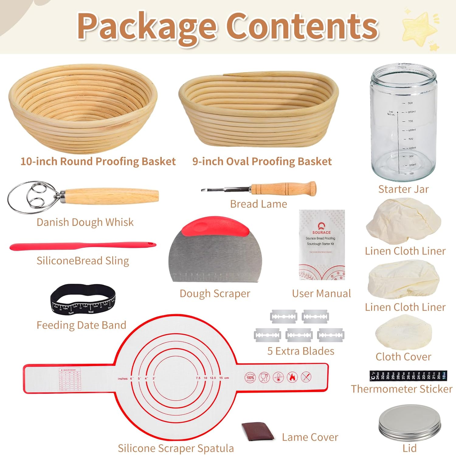 Sourdough Starter Kit with 10" Round & 9" Oval Banneton Proofing Basket and Starter Jar, Complete Sourdough Bread Baking Supplies and Baking Gifts for Women, Men, and Bread Bakers