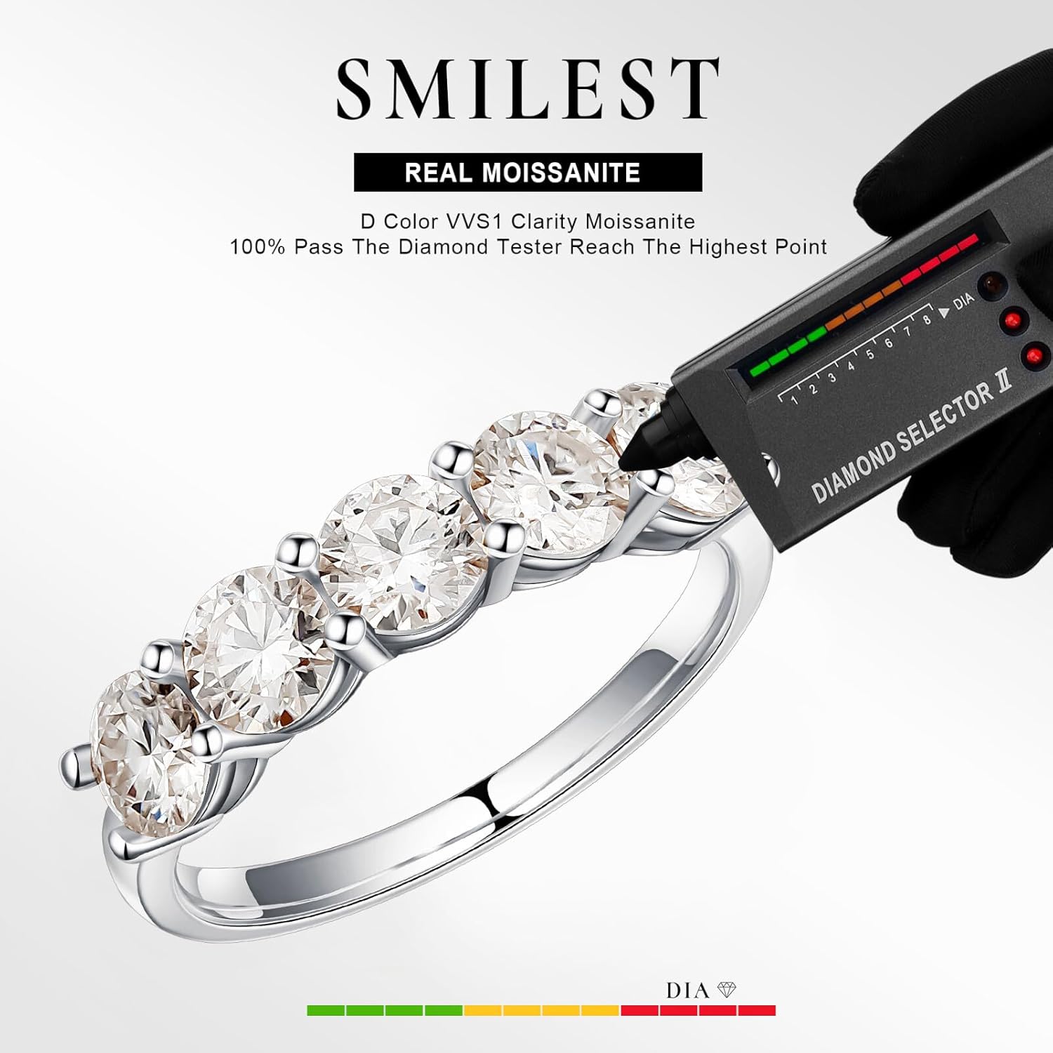 SMILEST 5 Stone Moissanite Rings for Women, 2ct Brilliant Round Lab Created Moissanite Ring 925 Sterling Silver Moissanite Wedding Band Anniversary Rings Wedding Bands for Women - Image 5