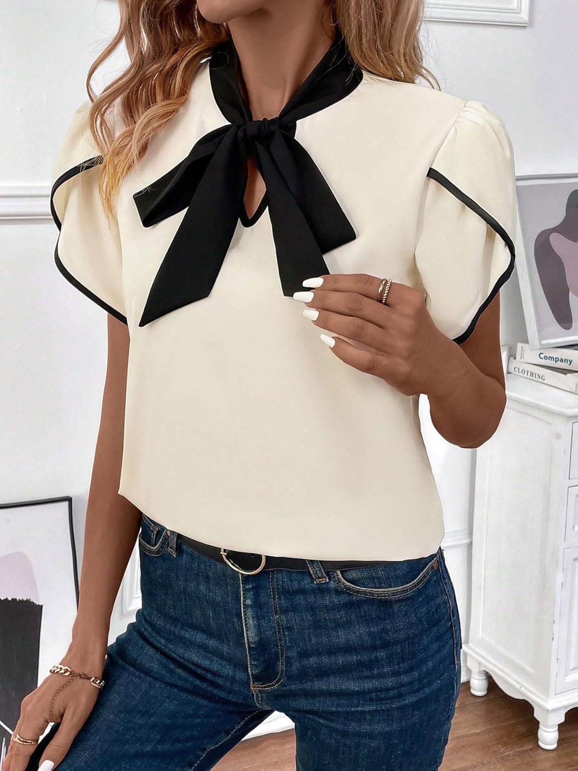 Verdusa Women's Contrast Binding Tie Neck Petal Sleeve Work Blouse Top - Image 3