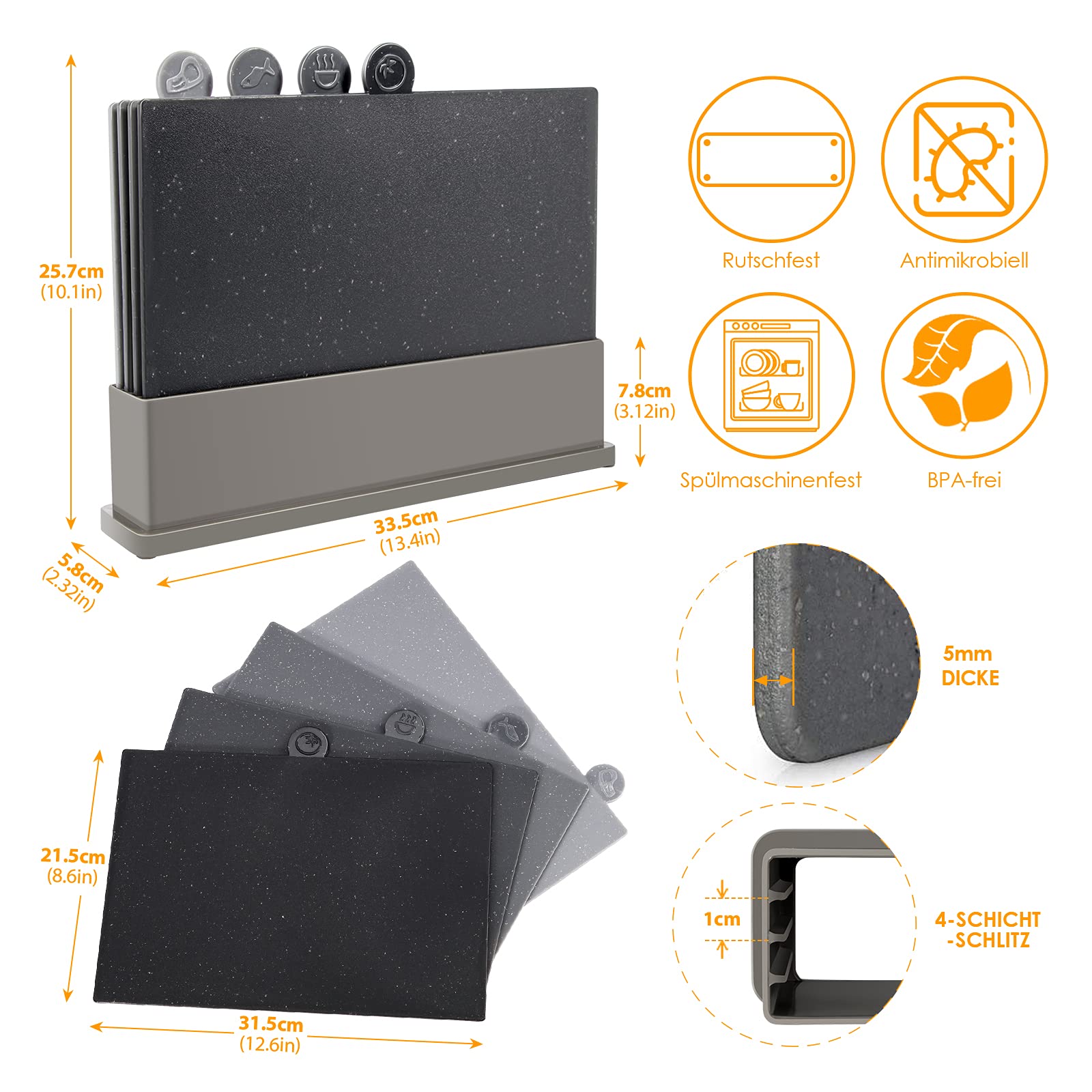 Myiosus Set di 4 Taglieri da Cucina in Plastica, con Supporto, Antiscivolo, Lavastoviglie Disponibile, con Forbici Multifunzionali, per Carne, Pesce, Verdure, Cibo Cotto