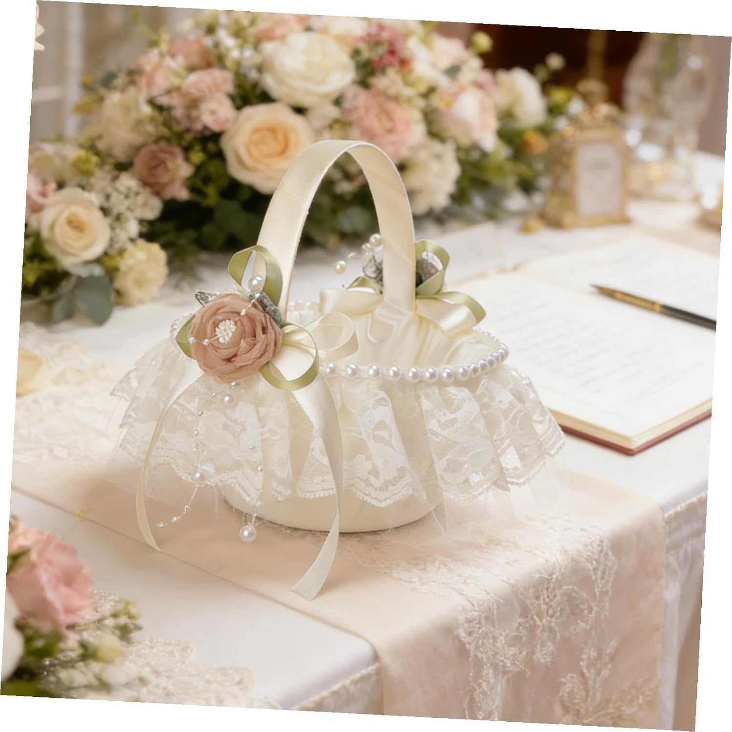CALLARON Wedding Flower Girl Basket with Pearl Handle Lace Basket Ivory White for Weddings Party Decoration