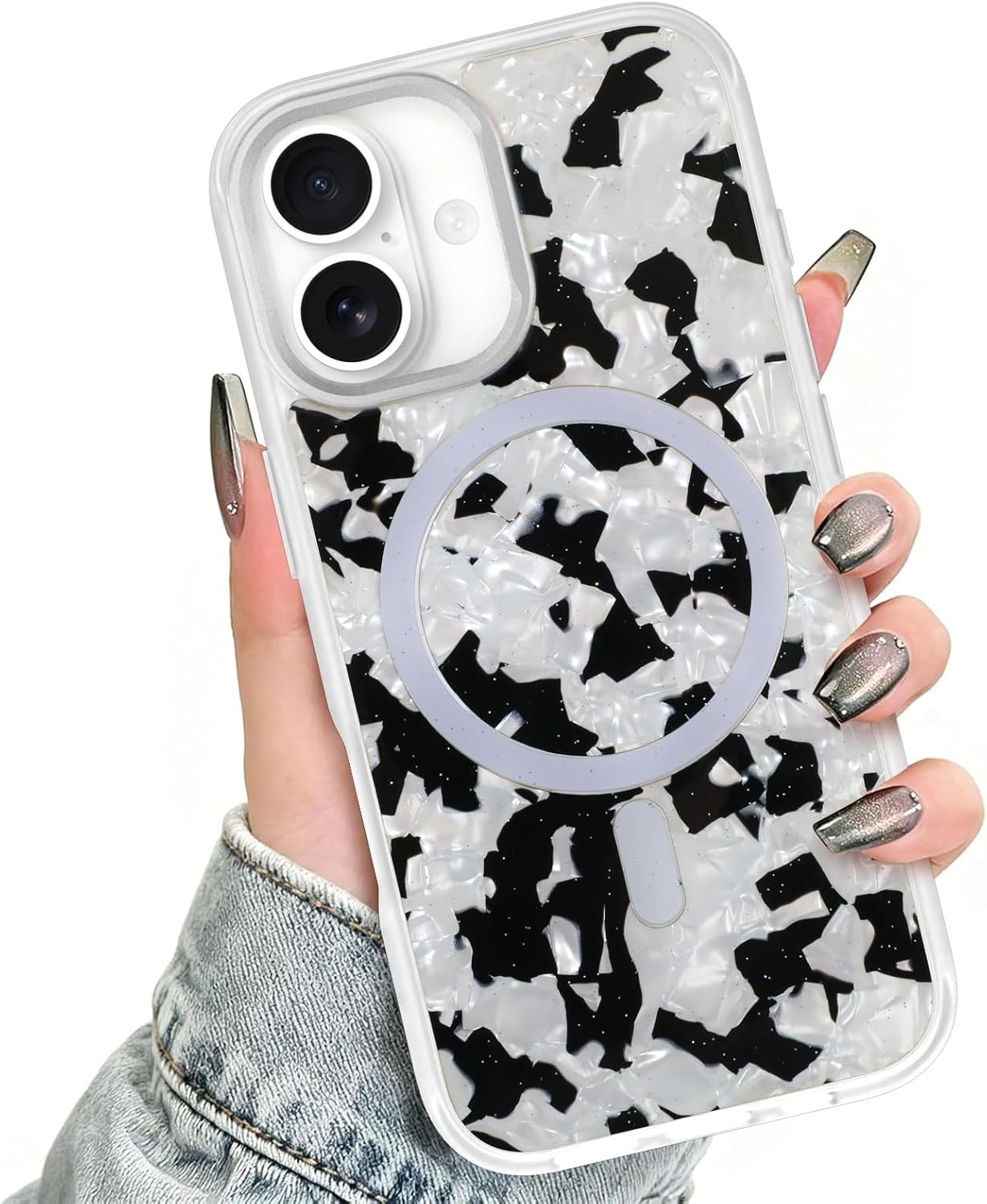 Magnetic for iPhone 17 Case, Luxury Glitter Opalescent Mother of Pearl Design for Women Girls, Compatible with Magsafe, Cute Sparkle Shockproof Protective Phone Case, Black White