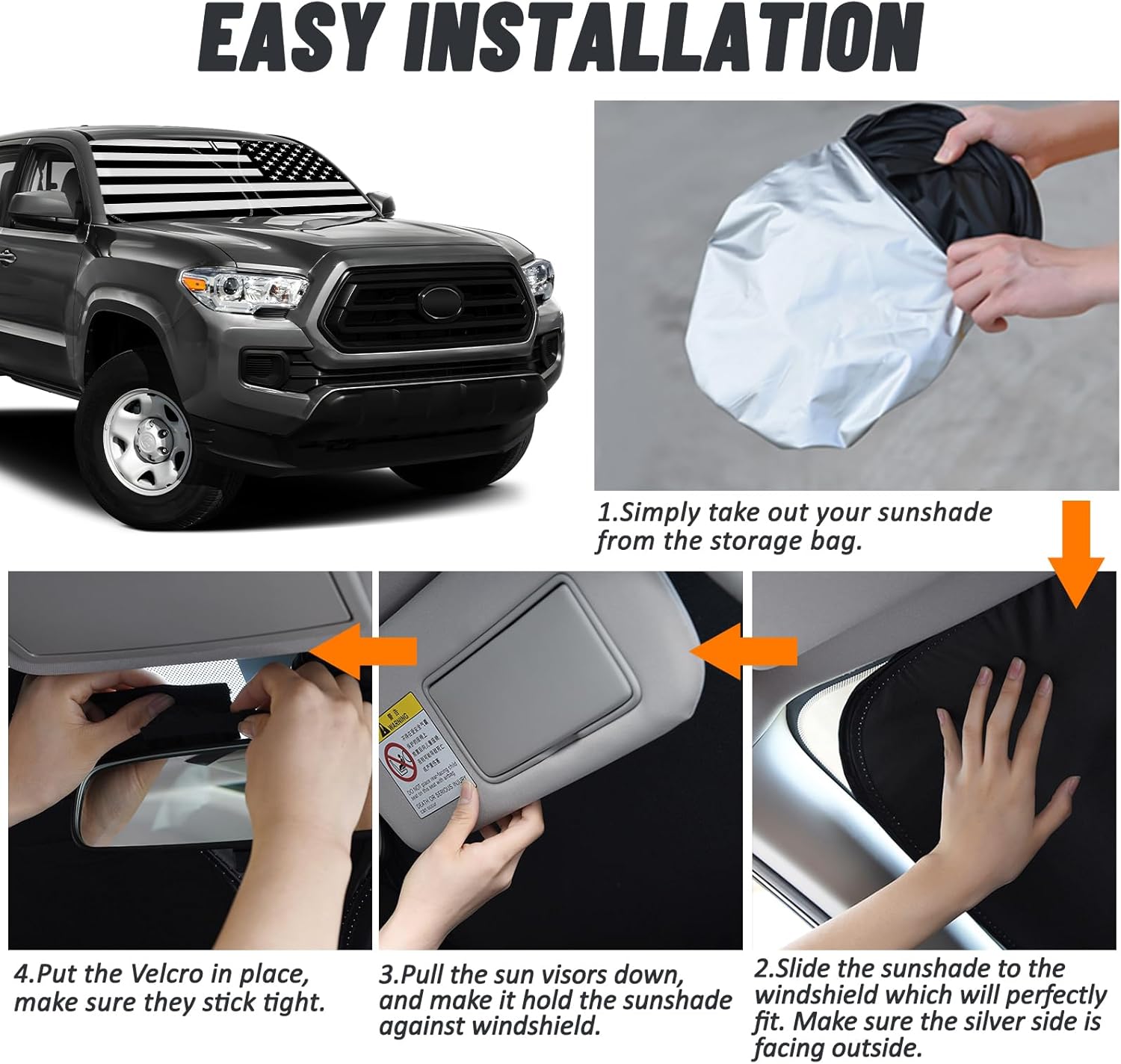 D-Lumina Windshield Sun Shade for 2016-2023 Toyo-ta Tacoma Accessories, Front Window Sunshade American Flag Sun Visor Protector Sun Shield Block UV Rays Heat, Foldable 2 Layers 210T Material