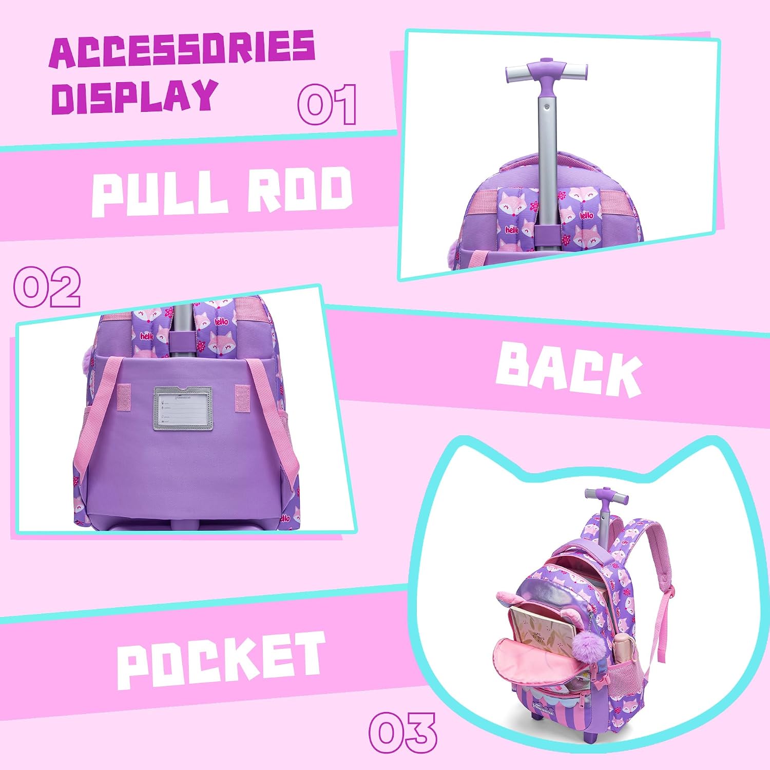 Rolling Backpack for Girls Backpacks with Wheels for Elementary Preschool Students Kids 2 in 1 Travel Luggage Carry on Suitcase with Pencil Case for Girls Age 8-10