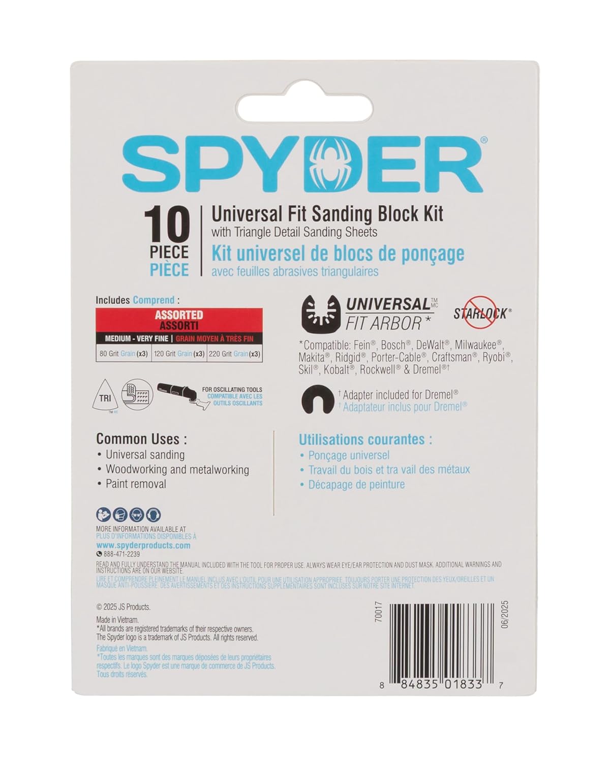Spyder 10-Piece Detail Sanding Kit for Multi Oscillating Tool, 3-inch Adapter Block Plus 80, 120, 220 Grit Sandpaper Sheets, Hook & Loop Back, Aluminum Oxide, Also fits Mouse Sander (70017)
