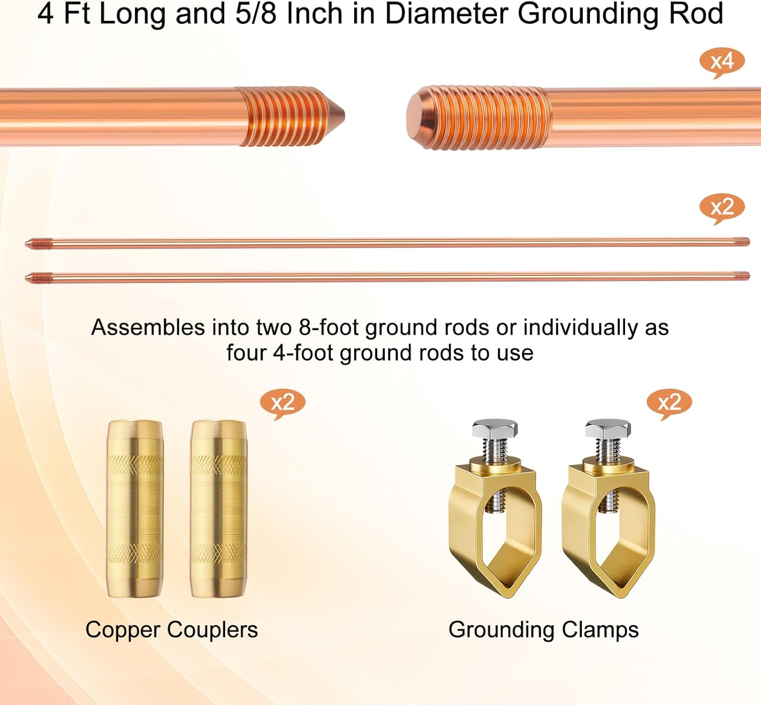 Zonon 2 Pcs 8 ft Ground Rod Kit - 5/8 Inch Plated Clad Copper Grounding Rod with Clamps for Electric Fences, Satellite Dishes, Generator Grounding Earthing