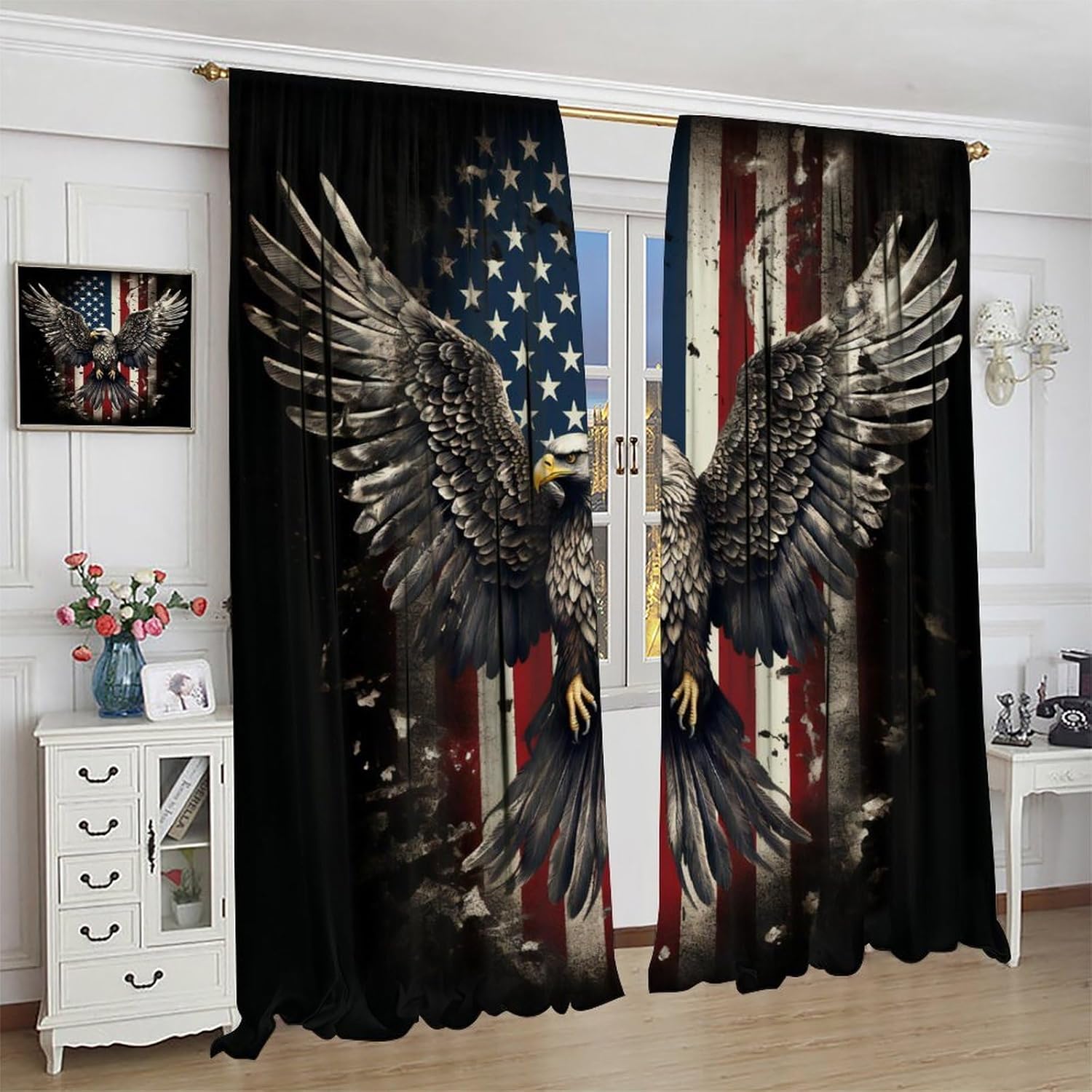 Vintage Eagle Curtains, Modern Fantastic Flying Wildlife Decor Abstract National Flag Drapes, Blackout Rod Pocket Window Treatments for Living Room Bedroom Bathroom (21x63in) x2 Panels