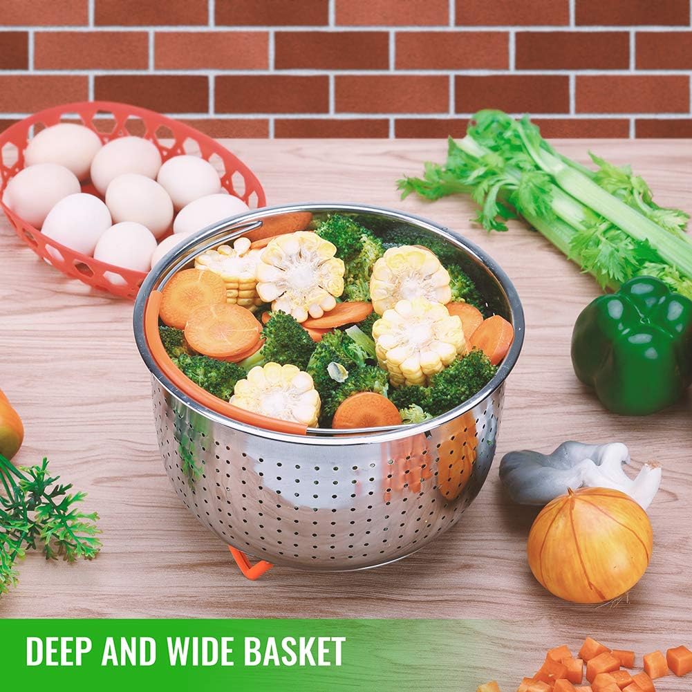 House Again Original Sturdy Steamer Basket for 6 or 8 Quart Pressure Cooker, 304 Stainless Steel Steamer Insert Accessories with Silicone Covered Handle