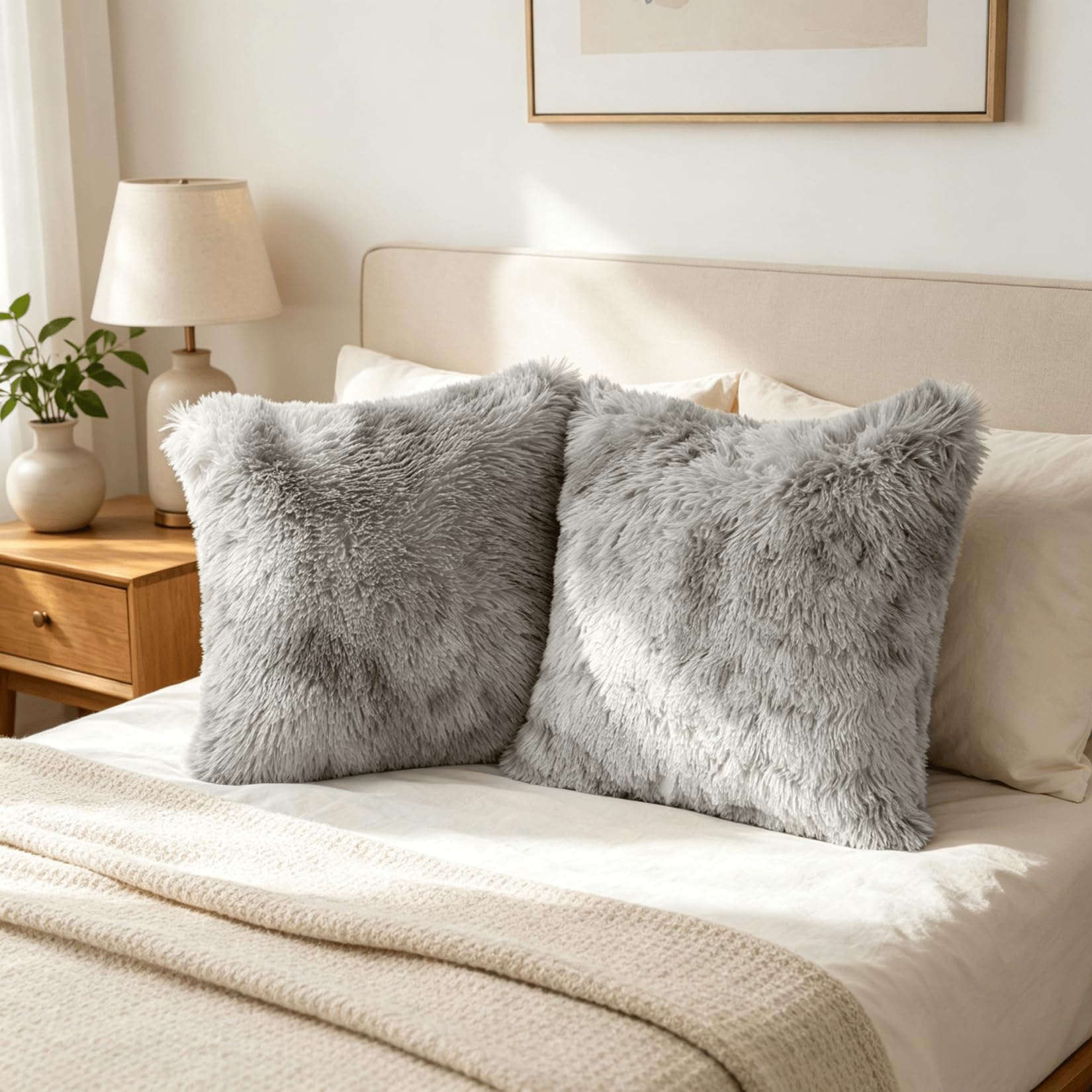 OYIMUA Fluffy Faux Fur Pillow Covers 18x18 Grey Pack of 2 Soft