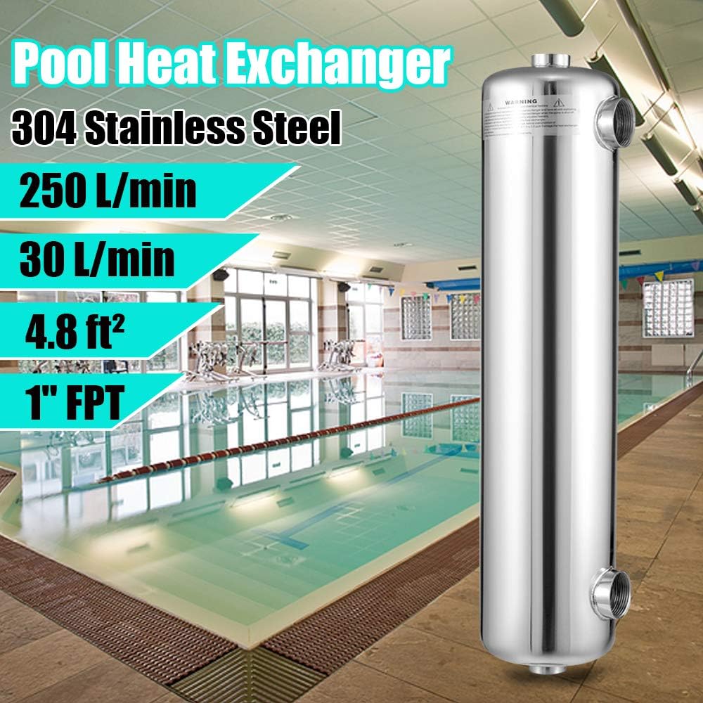 200 kBtu Heat Exchanger, Stainless Steel Swimming Pool Heat Exchanger for Outdoors, Spa, Swimming Pool, Hot Tubs, Solar Heating, Same Side Port 1“ + 1 12” FPT