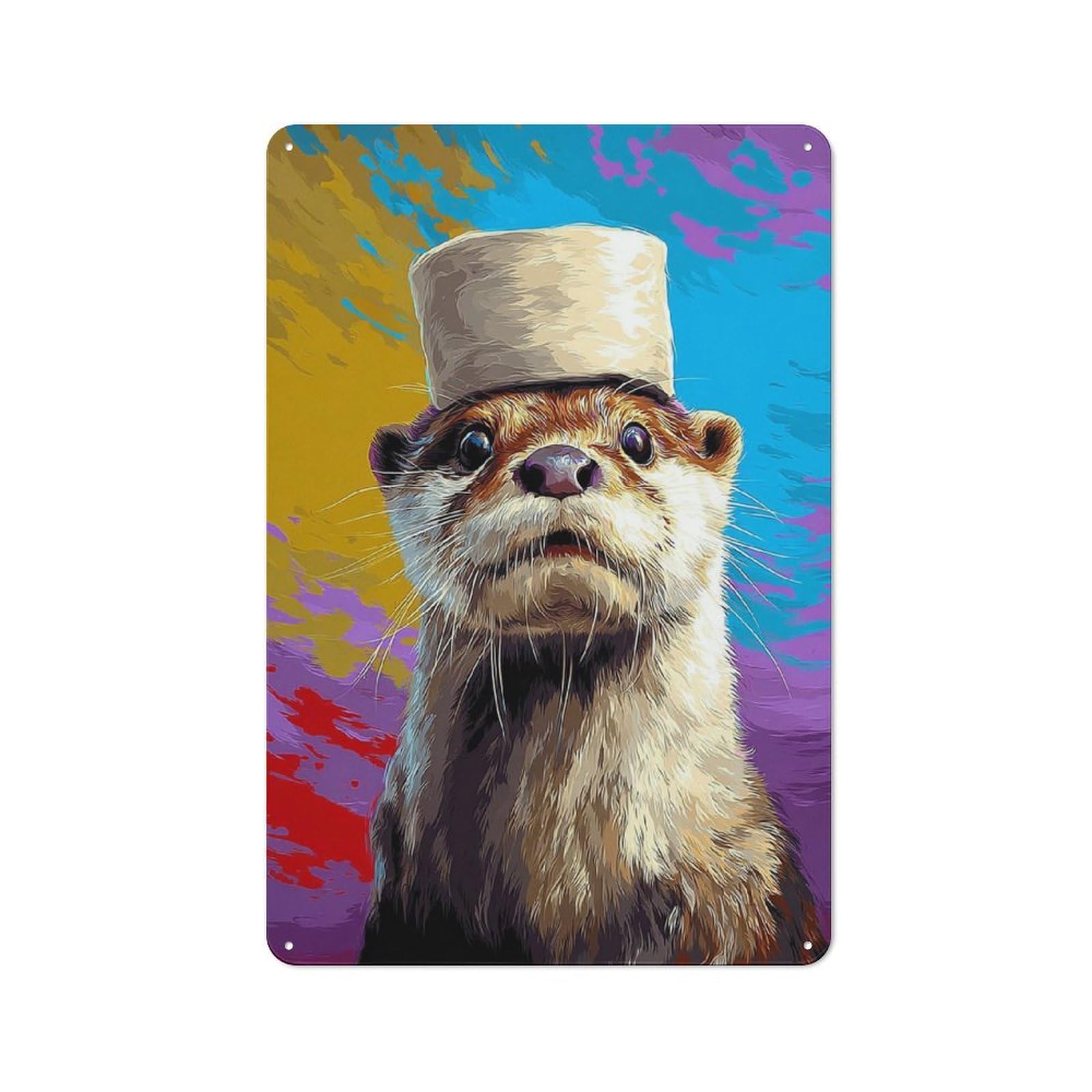 Junmoney Otter In Top Hat Colorful Art Tin Wall Plaque With Design 30X20cm, Country Vintage Cottage Wall Art For Kitchen, Cottage, Porch Or Garden Room