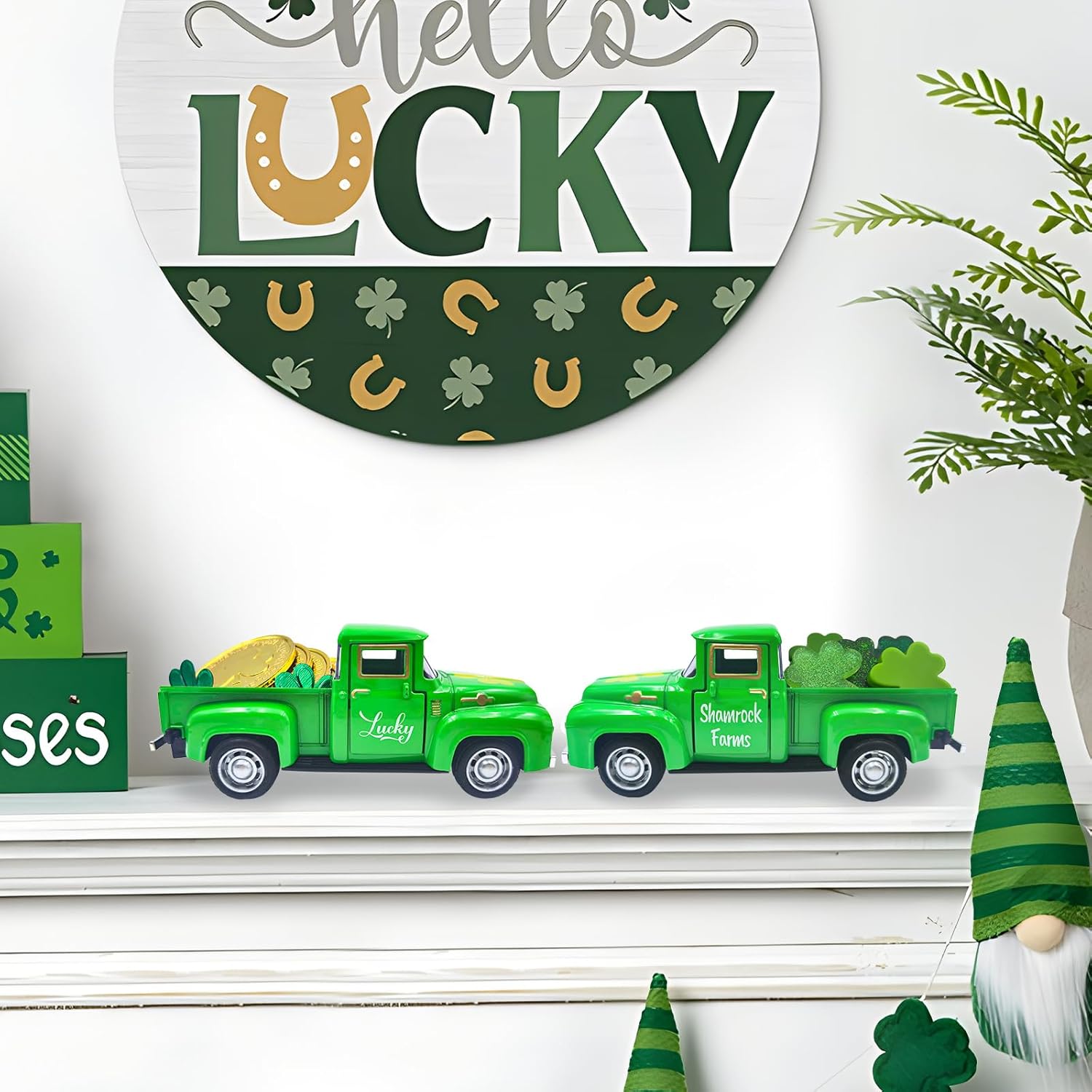 St Patricks Day Decorations Lucky Shamrock Green Truck with Gold Coins St Patricks Day Tiered Tray Decor Saint Patricks Irish Decor for Home St Patricks Day Centerpieces for Table Office Desk Mantel - Image 9