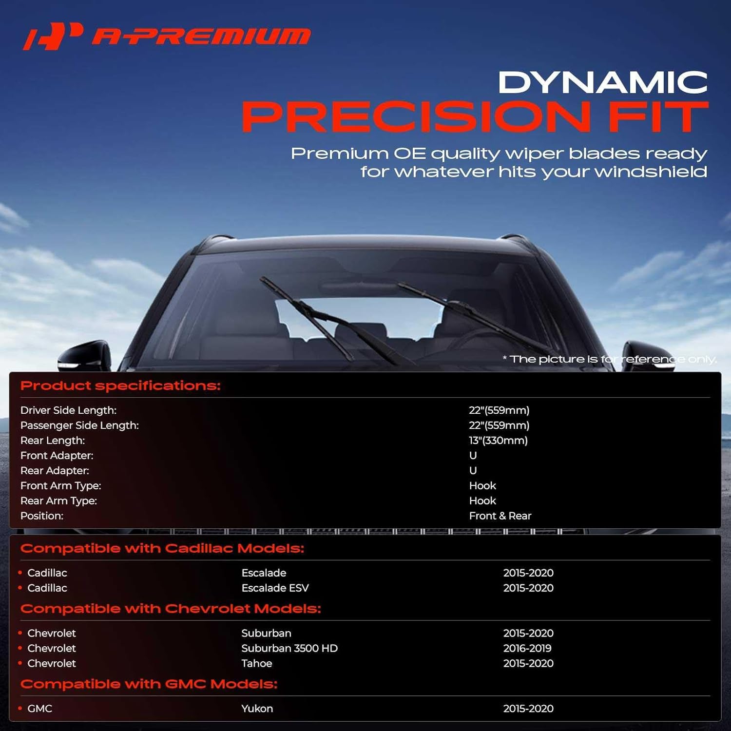 A-Premium 22"+22"+13" Windshield Wiper Blades Compatible with Chevy Suburban Tahoe & GMC Yukon & Cadillac Escalade - Front Rear Wipers Blade Set with Wear Indicator & Towel (Pack of 3)