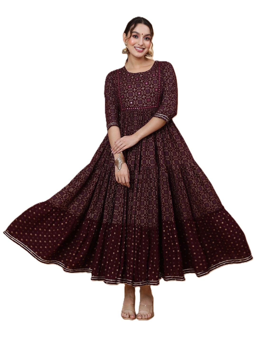 Floral Printed Mirror Work Tiered Anarkali Kurta-image-15