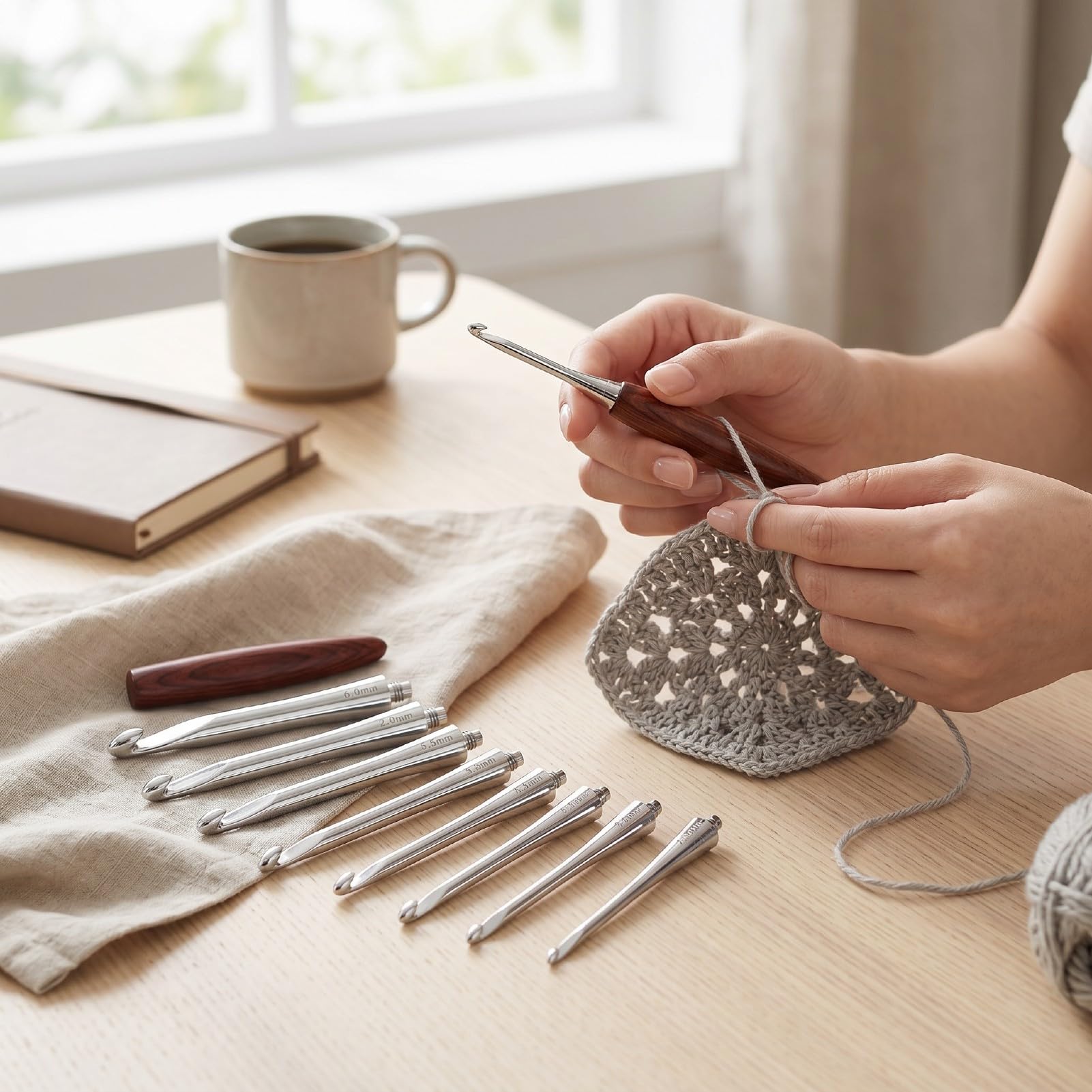 Luqeeg Kit de Herramientas para Tejer con Mango de Madera Ergonómico, Agujas de Ganchillo de Acero Inoxidable Intercambiables