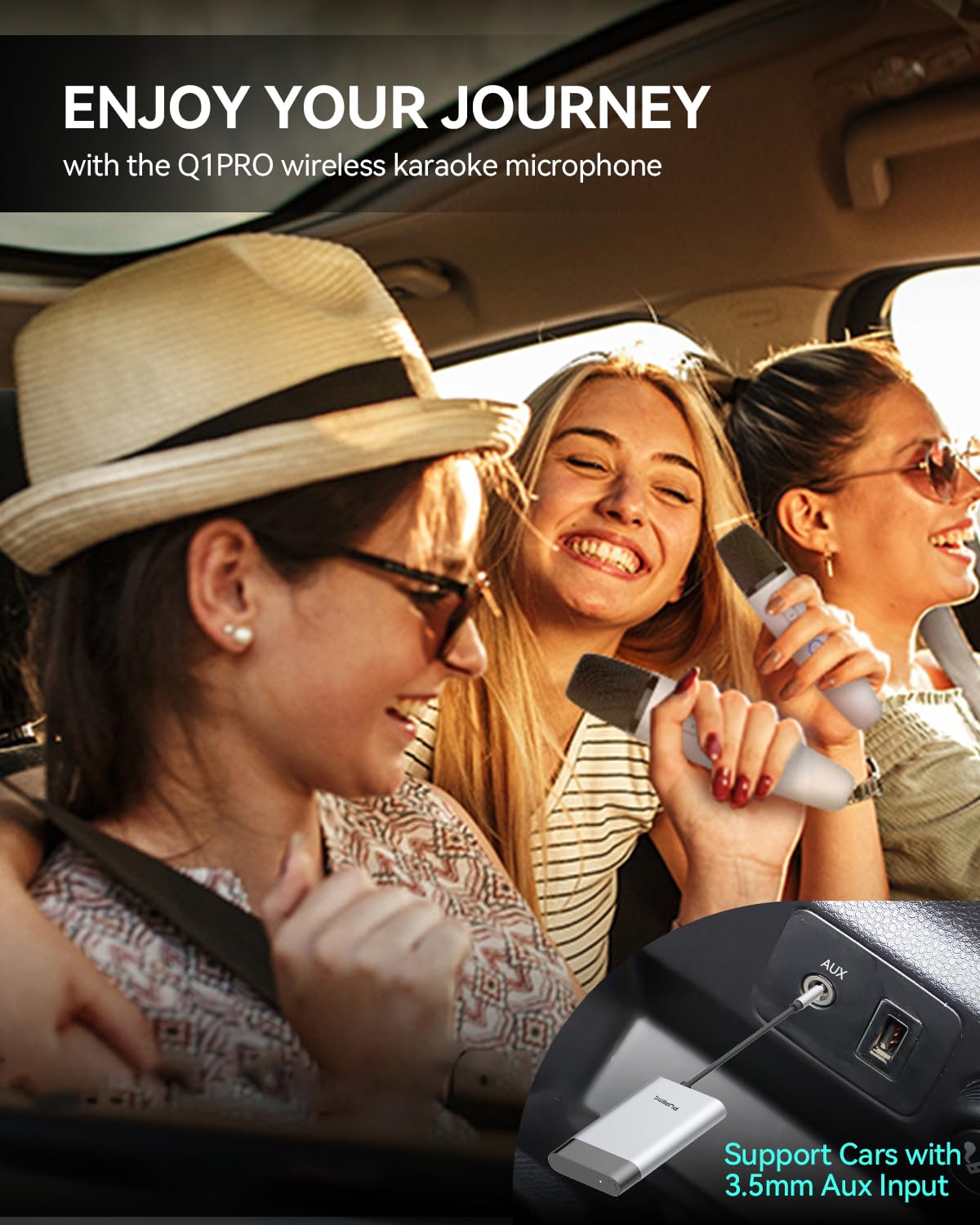 Micrófonos inalámbricos Bluetooth con 8 efectos Joy Tune, micrófono recargable de mano con receptor de entrada AUX de 3.5 mm, micrófono de karaoke de coche con bolsa de almacenamiento portátil para