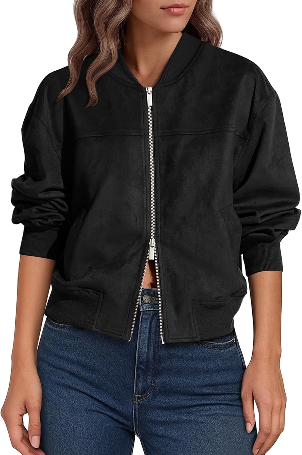 Lazysmile Women's Faux Suede Bomber Jackets Fall Fashion Outfits Winter Clothes Stand Collar Zip Up Coats Outwear