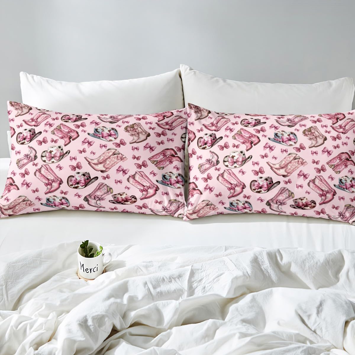 Manfei Western Cowgirl Fitted Sheet Queen Size Rustic Brown Cowhide Print Tribal Caps Cowboy Boots Bedding Sheet Set,Pink Bowknot Princess Style Bow Bed Cover Bedding 3 Pcs(No Flat Sheet)