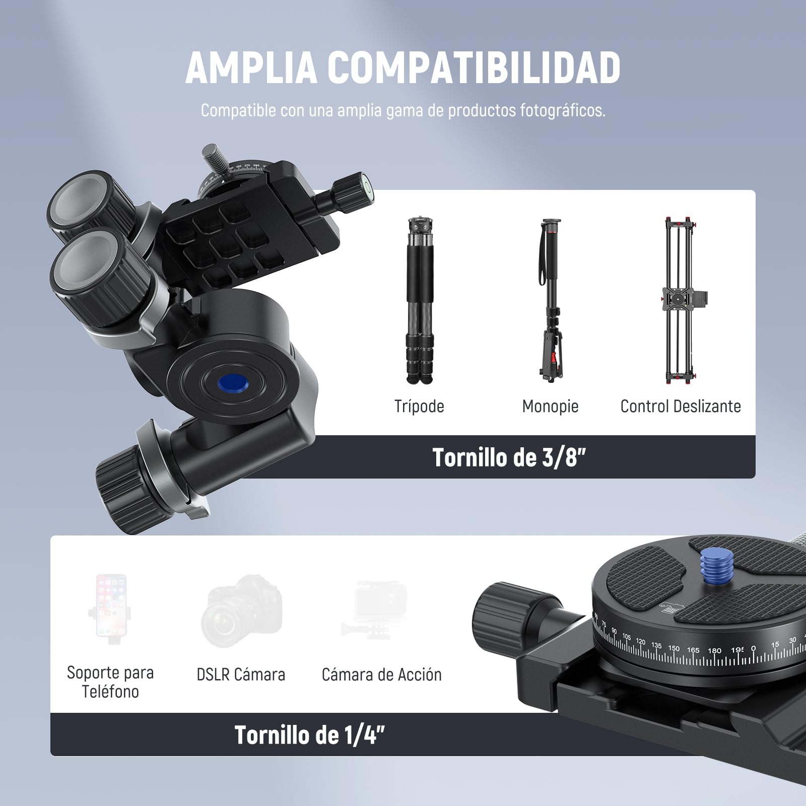 NEEWER Cabezal de trípode con Engranaje de 3 vías con Placa Arca QR panorámica de 360°, microajuste milimétrico, Cabezal de inclinación panorámica de 3 Ejes de aleación de Aluminio con Interruptor