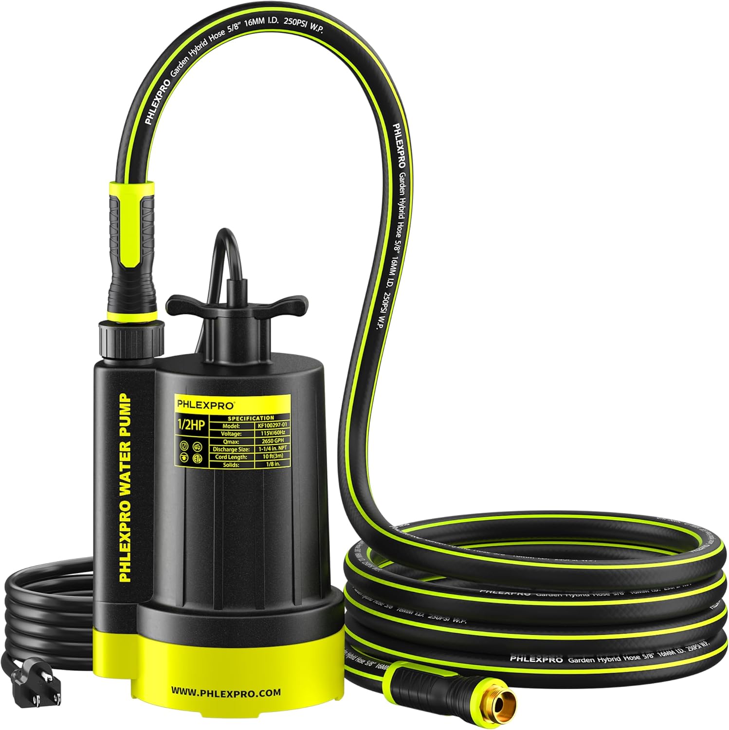 1/2HP Submersible Sump Pump + 25FT Premium 5/8'' Rubber Water Hose, 2650GPH Utility Pump Thermoplastic Electric Portable Transfer Water Pump with 16.4ft Long Power Cord, Male to Female Fittings
