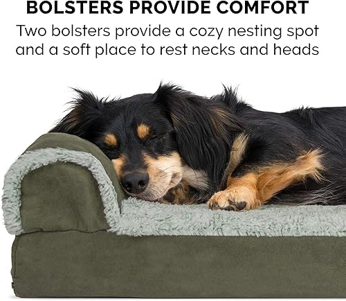 Miniatura 11 de Furhaven - Cama para perro de espuma de gel refrescante, de piel sintética y gamuza, en dos tonos, estilo diván en forma de L, color salvia oscura,