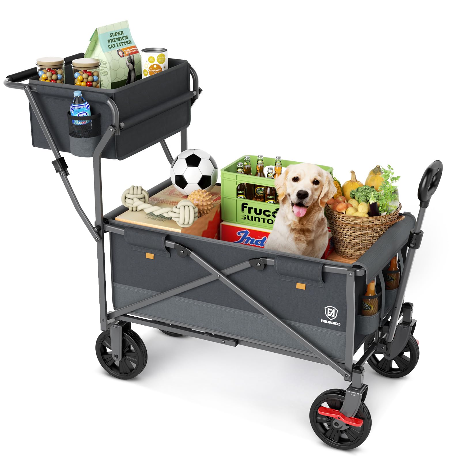 EVER ADVANCED Bollerwagen faltbar schieben&ziehen mit Bremse Einkaufskorb Getränkhalter Seitentasche Handwagen klappbar Strandwagen bis 120kg Faltwagen Transportwagen für Camping