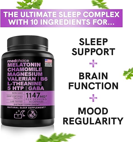 Miniatura 5 de MEDCHOICE Melatonina 10 en 1 6 mg ayuda natural para dormir, suplemento para dormir con L teanina, 5 HTP, GABA, raíz de valeriana, manzanilla,
