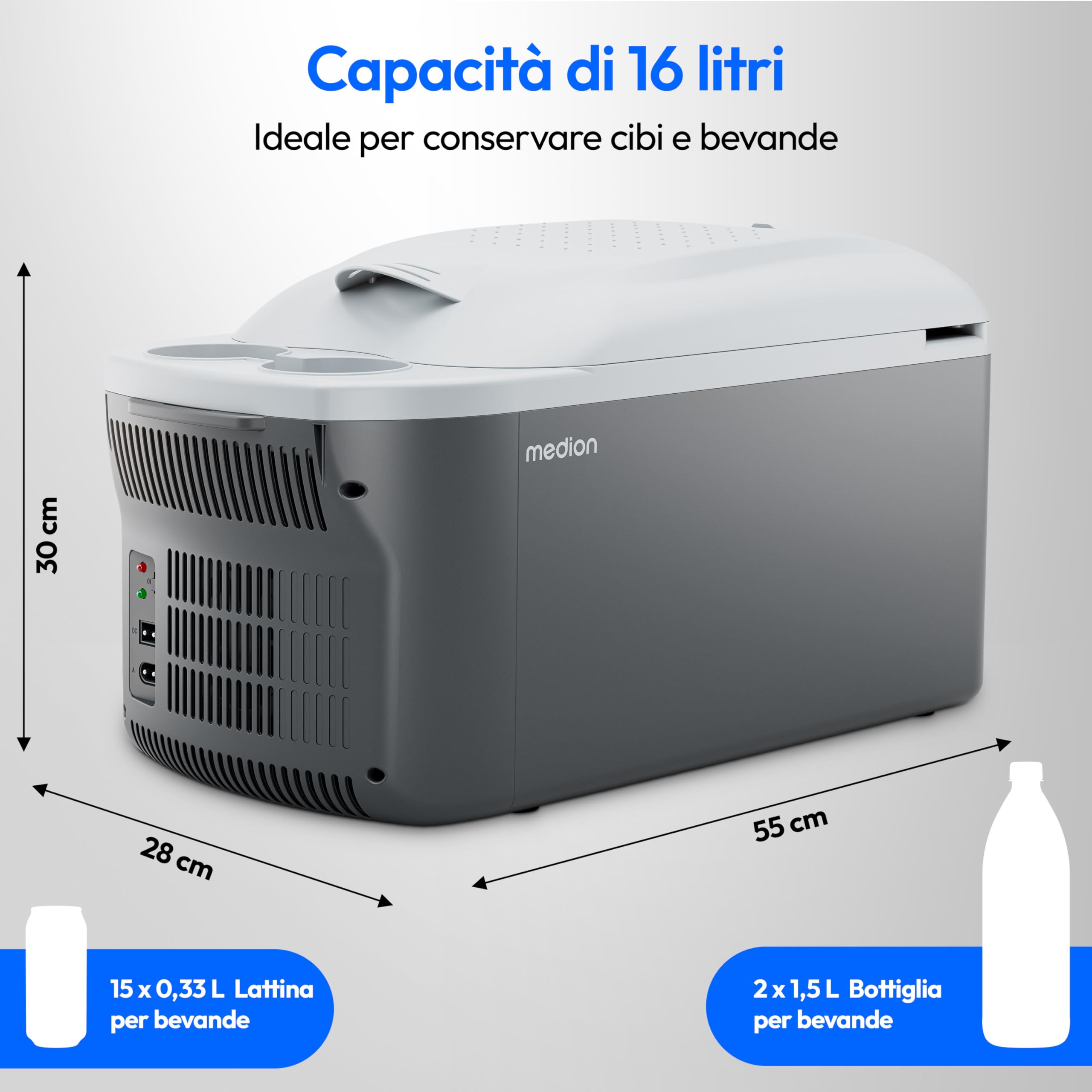 MEDION Frigorifero portatile con funzione di riscaldamento (elettrico, 2 in 1 raffreddamento e riscaldamento, 16 litri, tracolla, collegamento 2 in 1 230 V e adattatore per auto 12 V, per auto, camion