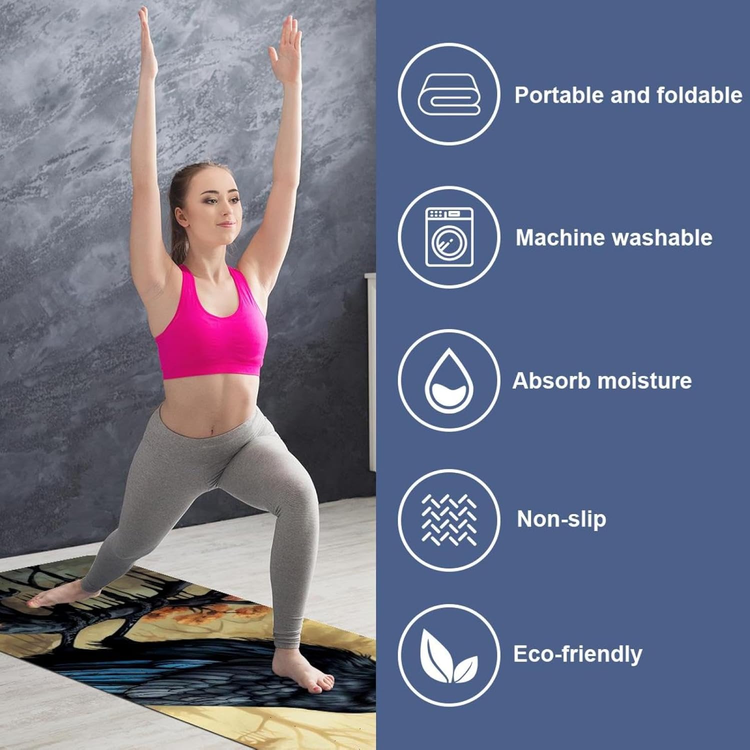 Yoga Towel, Black Crow Pattern Non Slip Sweat Absorbent Hot Yoga Mat Towel for Hot Yoga, Pilates and Fitness - 72.8" x 26.8"