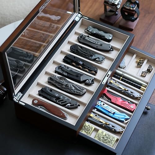 Miniatura 4 de Besforu Pocket Knife Display Case for men collection holder 15-17 folding knife with Walnut Finish Two-Tier Knife organizer storage box with Real