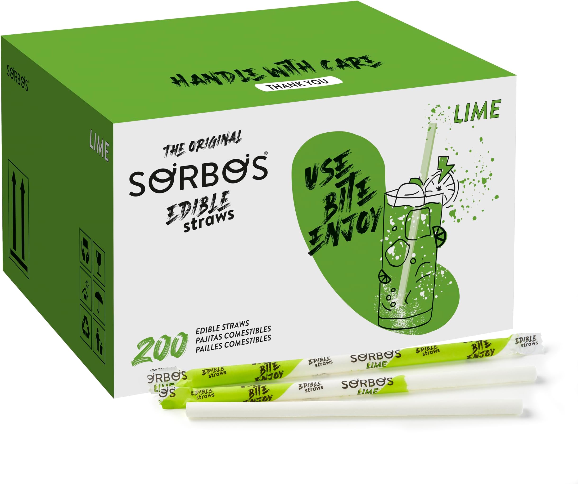 Sorbos - Edible Straws Lime. Sustainable, Individually Packaged, allergen Free, Gluten Free, 100% Biodegradable (Pack of 200)