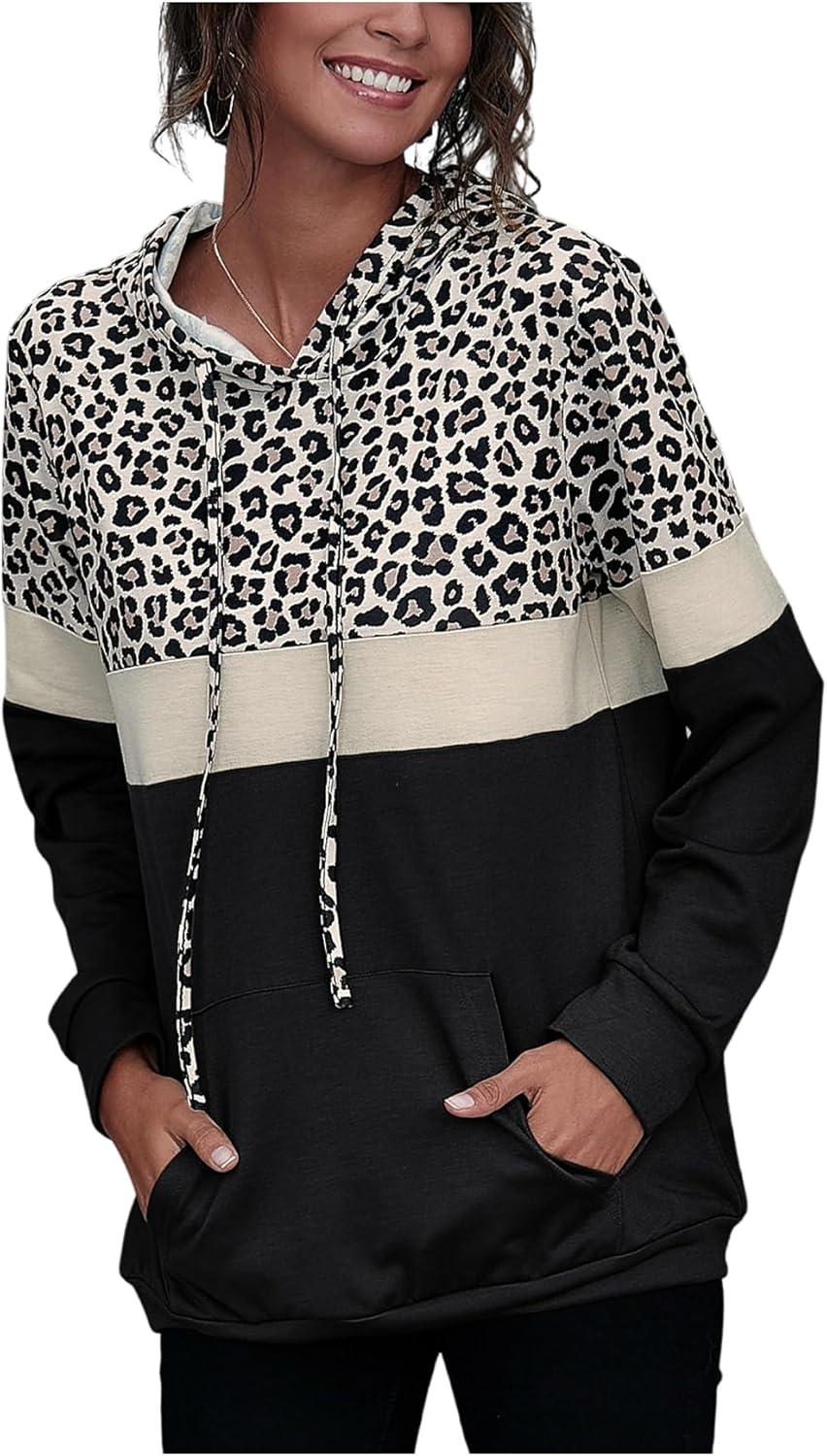 Verdusa Women's Leopard Hoodie Soft Sweatshirts Streetwear Pullover Tops Color Block Top with Pockets