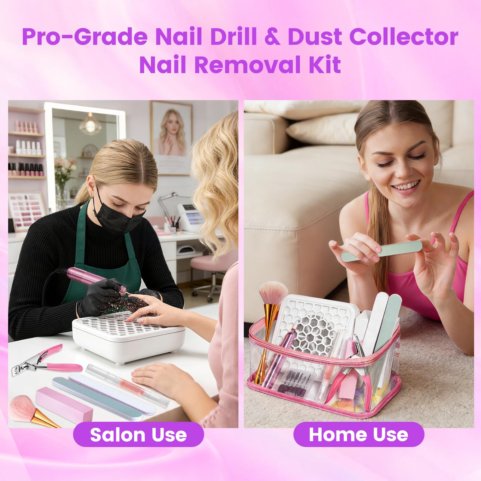Kit de taladro de uñas con colector de polvo: lima eléctrica de uñas profesional de 20000 RPM con USB para eliminación de gel acrílico, herramienta de manicura y pedicura en bolsa de cosméticos para