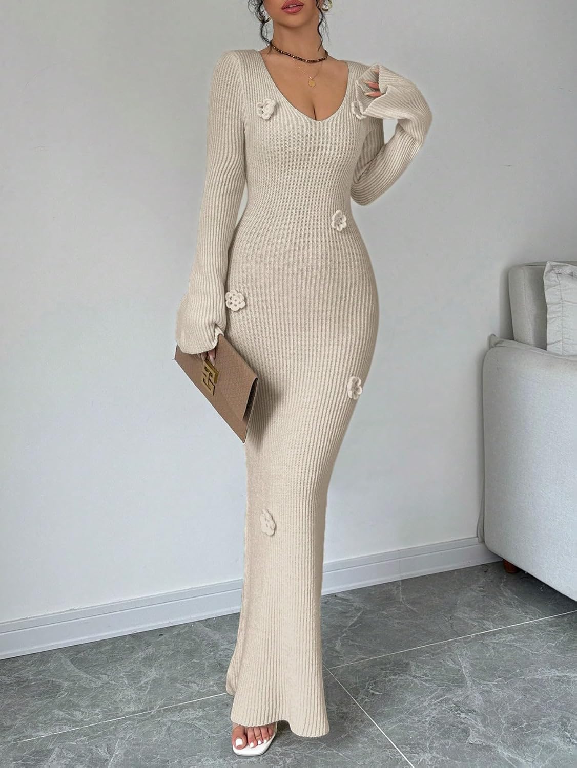 SISKIN Maxi Slimming Fitted Sweater Dress Long Sleeve Ribbed Bodycon Knit Winter Baby Shower Dress