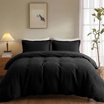 Waffle Weave Cotton Duvet Cover Full Size - 100% Cotton Duvet Cover Set for All Season, Textures Breathable PureWoven Bedding Sets 3 Pcs with 2 Pillow Shams, Zipper, 4 Conner Ties,Black