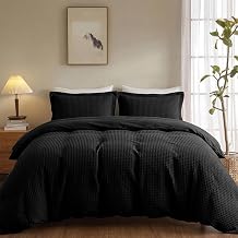 Waffle Weave Cotton Duvet Cover Full Size - 100% Cotton Duvet Cover Set for All Season, Textures Breathable PureWoven Bedding Sets 3 Pcs with 2 Pillow Shams, Zipper, 4 Conner Ties,Black
