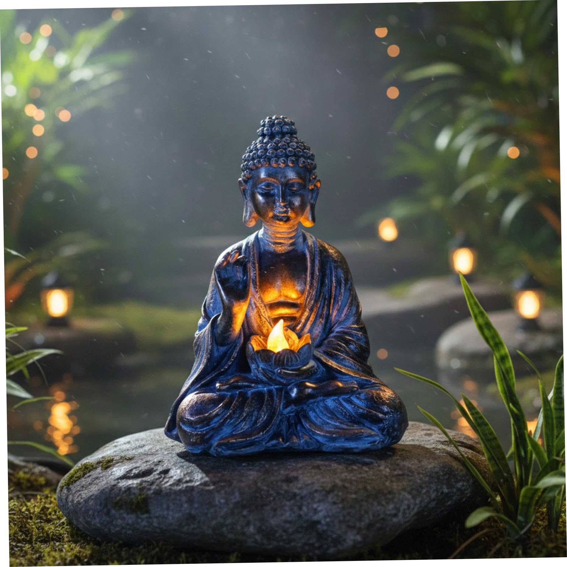 Statua di Buddha Solare, Scultura Zen all'aperto con Luce di Loto a LED, Statua da Giardino in Resina per Giardino, 5, 9x4, 3x7, 7 Pollici