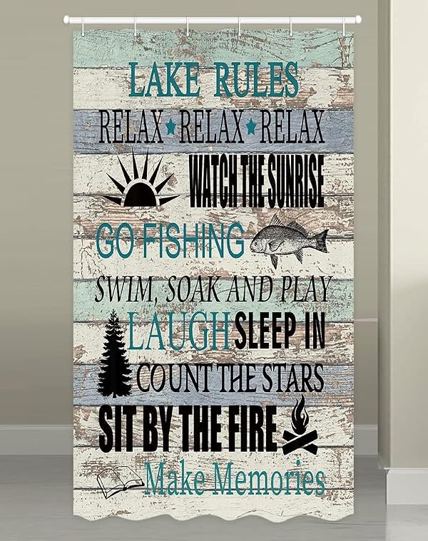 Coveimes Rustic Lake Rules Shower Curtain for Bathroom, Lake Life Lodge Cabin Farmhouse Relax Quotes Vintage Country Wooden Plank Bathroom Decor Sets Camper RV Waterproof Bath Curtain with Hooks by Coveimes - Used condition - US$18.02