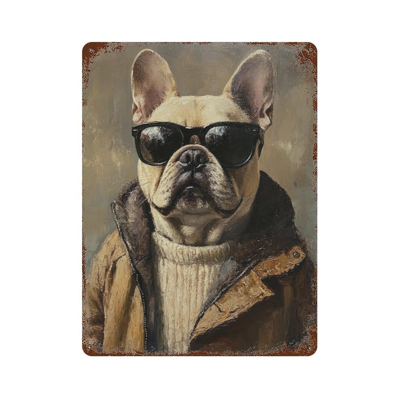 Garage Style Stylish French Bulldog Painting Aged Metal Wall Plaque 15.7"x11.8", Farmhouse Wall Decor for Bar And Workshop
