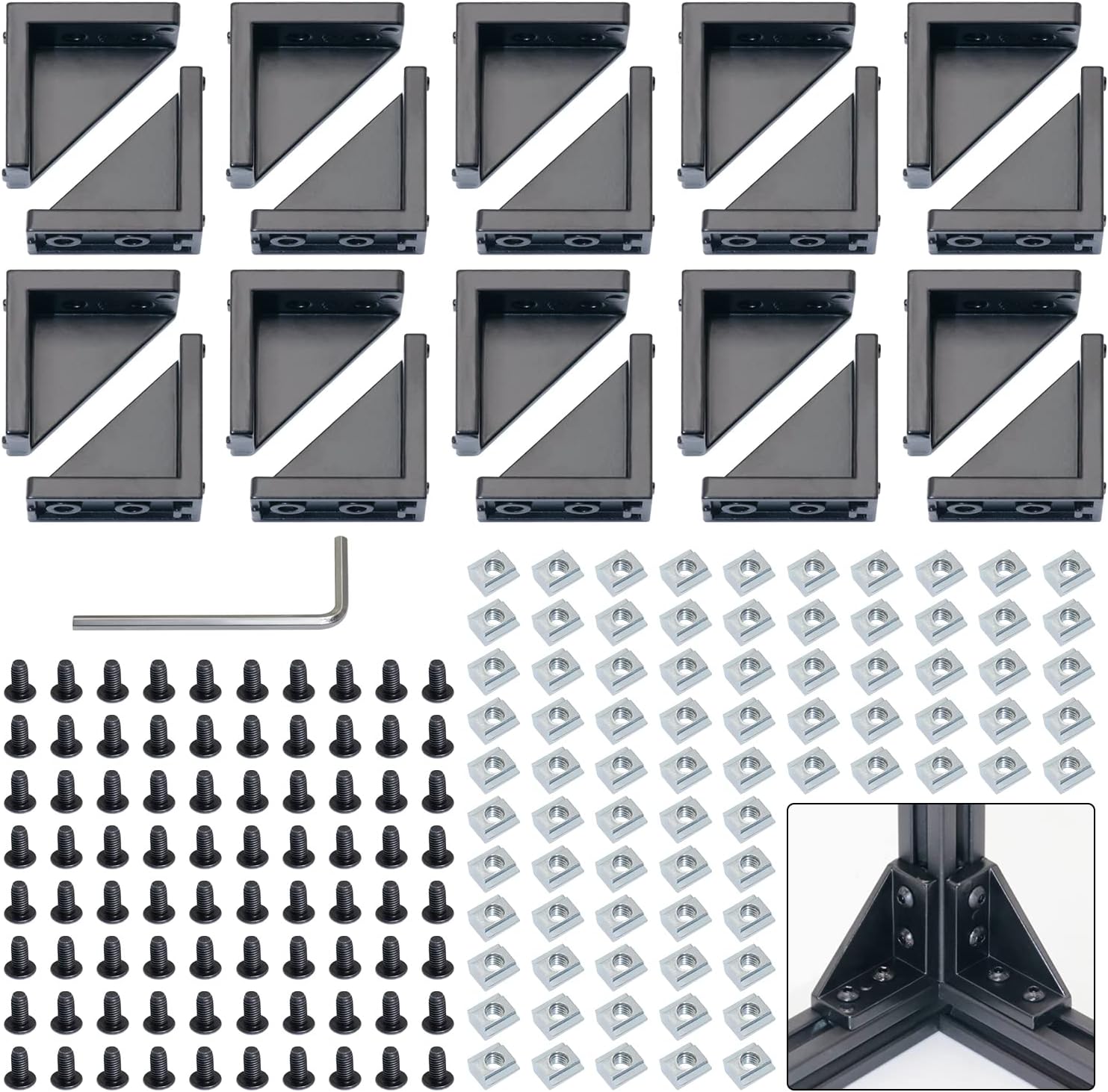 CheeMuii 2040 Corner Bracket Kit - 20 Corner Brackets, 80 Hexagon Socket Screws, 80 Slide Nuts, 1 Hex Wrench for 6mm Aluminum Extrusion Profile Rail Accessories - 20 Sets Black