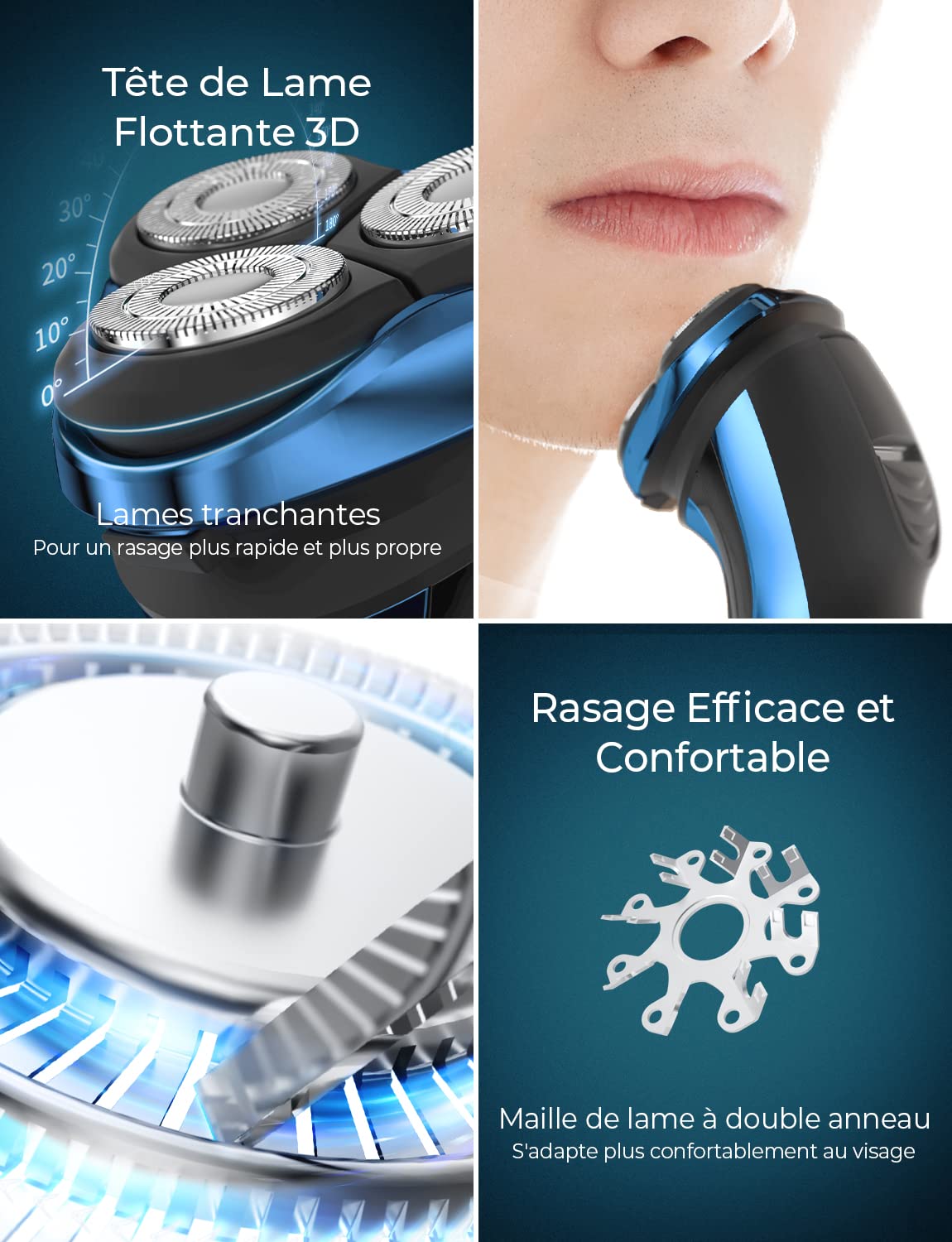 Rasoir Électrique pour Homme Rasoir à Têtes Rotatives avec Tondeuse Barbe de Précision IPX7 Rasoir à Sec et Humide avec Verrouillage de Voyage RS8336 Bleu Shaver Portable