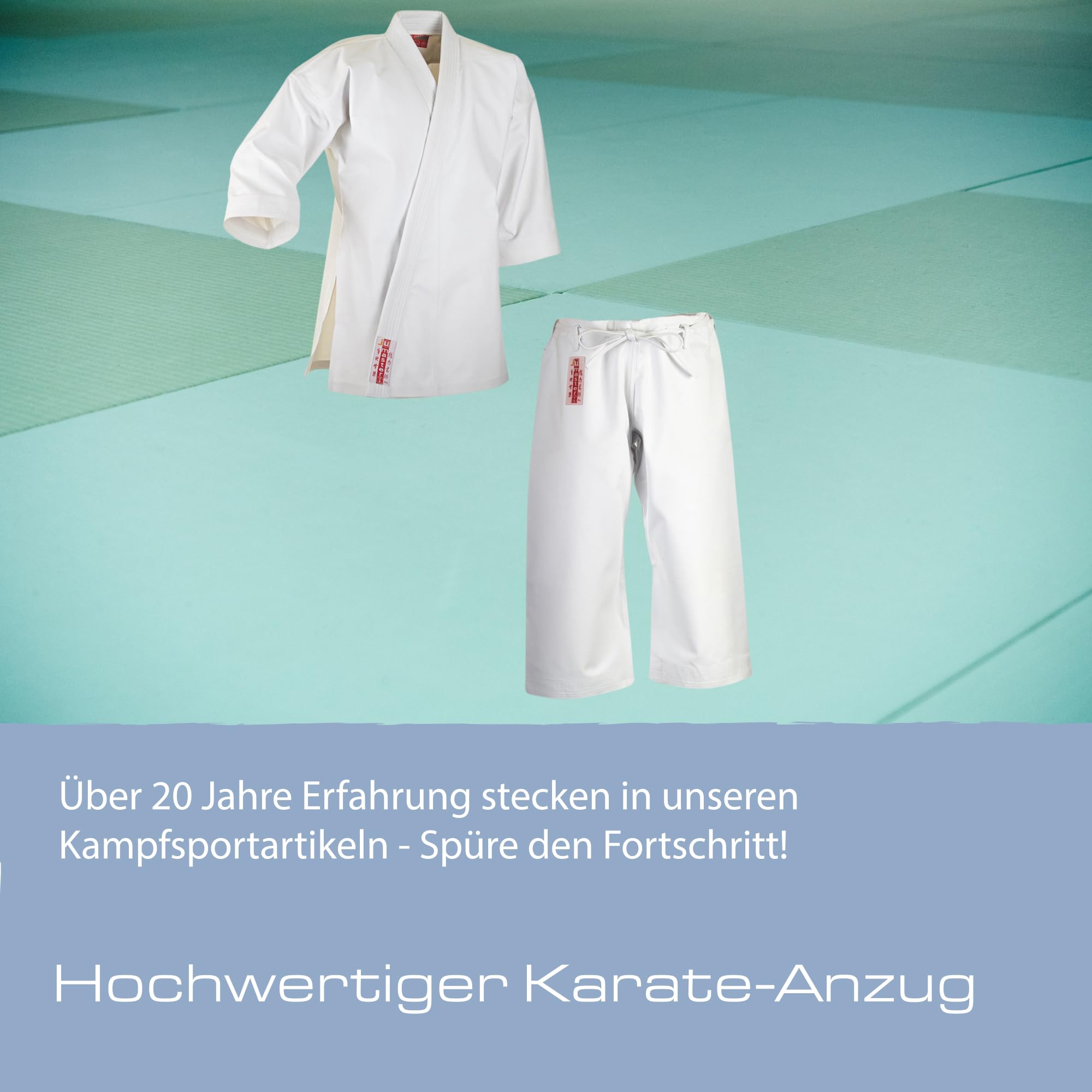 Ju-Sports Karate Anzug Master weiß 16 oz. I Schwerer Karateanzug im kurzem Kata-Schnitt I Kimono mit traditioneller Hosenschnürung I Ärmelenden absteppt für lauten Soundeffekt I 100% Baumwolle