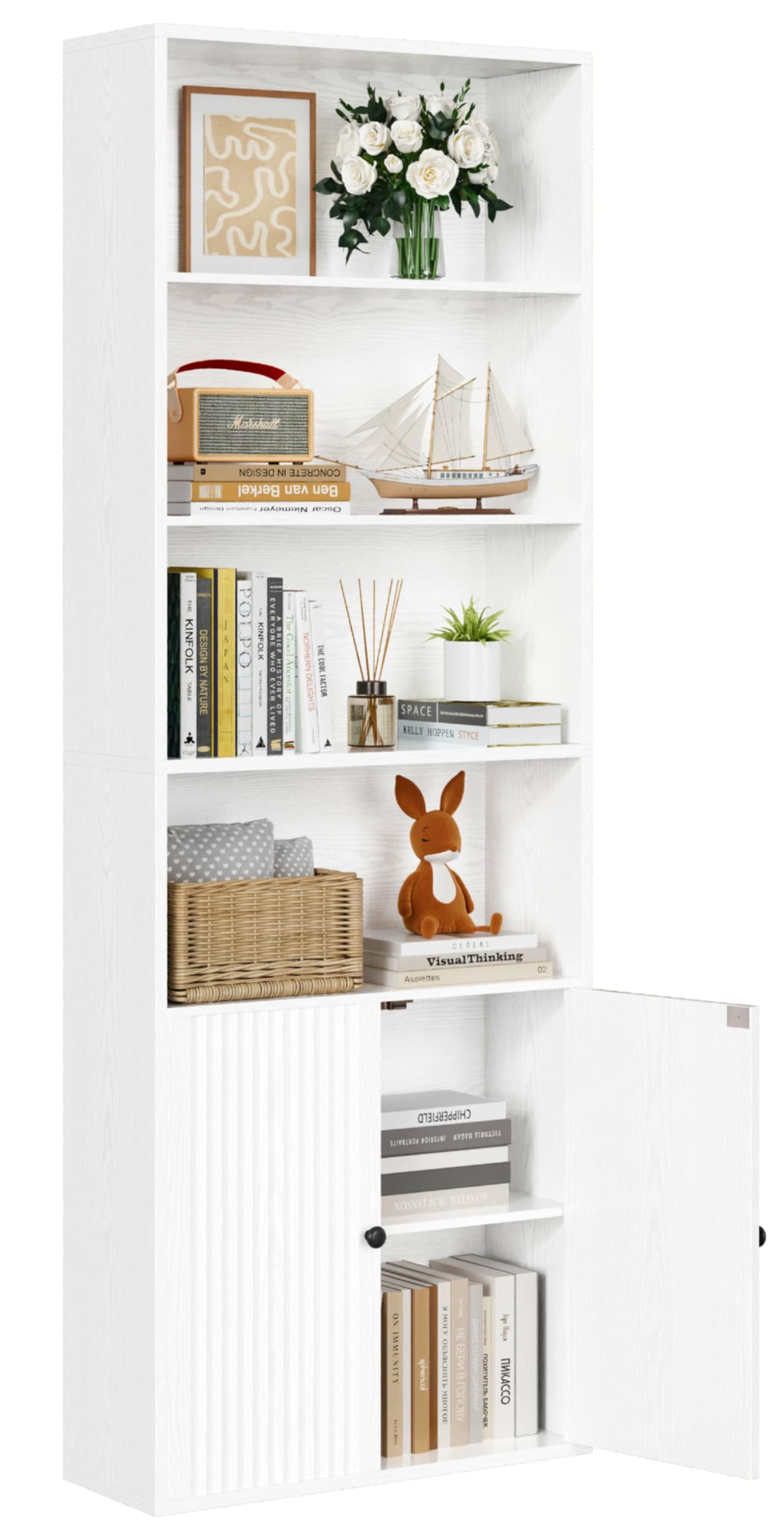 IRONCK Bücherregal mit Türen, Regal 6 Ebenen,180cm Hoches Bücherschrank, Standregal Holz, offenes Aufbewahrungsregal für Arbeitszimmer, Büro, Wohnzimmer, Schlafzimmer (Weiß)