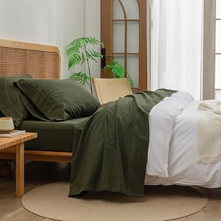 BESTOUCH Olive Green Queen Sheet Set 4PC - 100% Washed Cotton Linen Feel, Super Soft Breathable Bedding, Deep Pocket Fitted Sheet