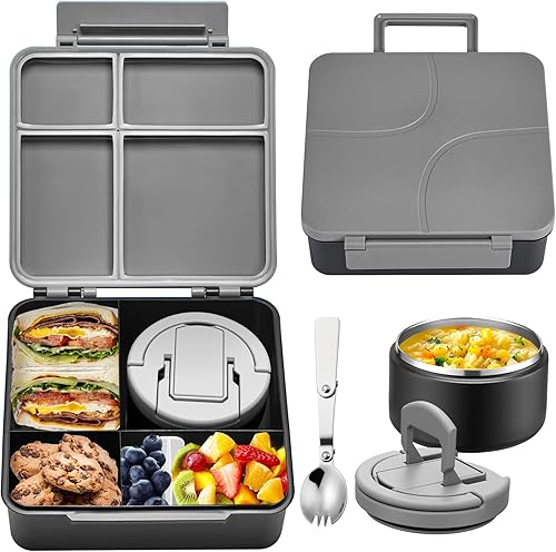 Miniatura 9 de MAXSO Lonchera Bento para niños con termo de sopa de 8 onzas, contenedor de comida caliente a prueba de fugas con 4 compartimentos, tarro de