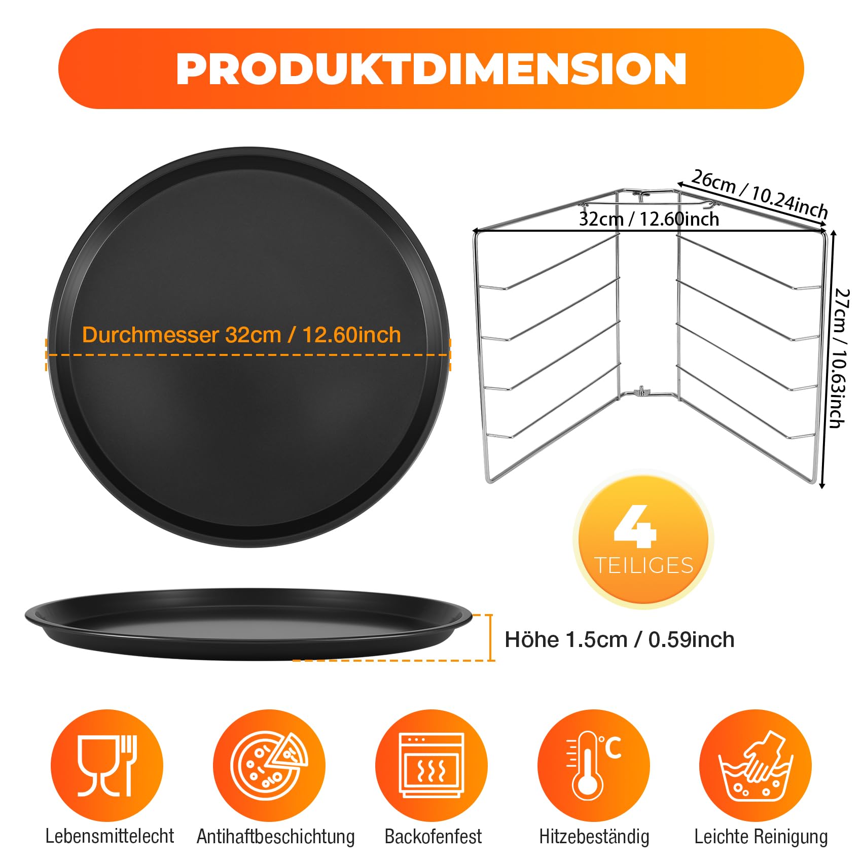 Nagoyuki Pizzablech 4er Set, ø 32 cm Pizzabäcker-Set mit 4 Backblechen und Ständer rundes Pizzabackblech mit Antihaftbeschichtung als Pizza-Backblech und Flammkuchen Blech