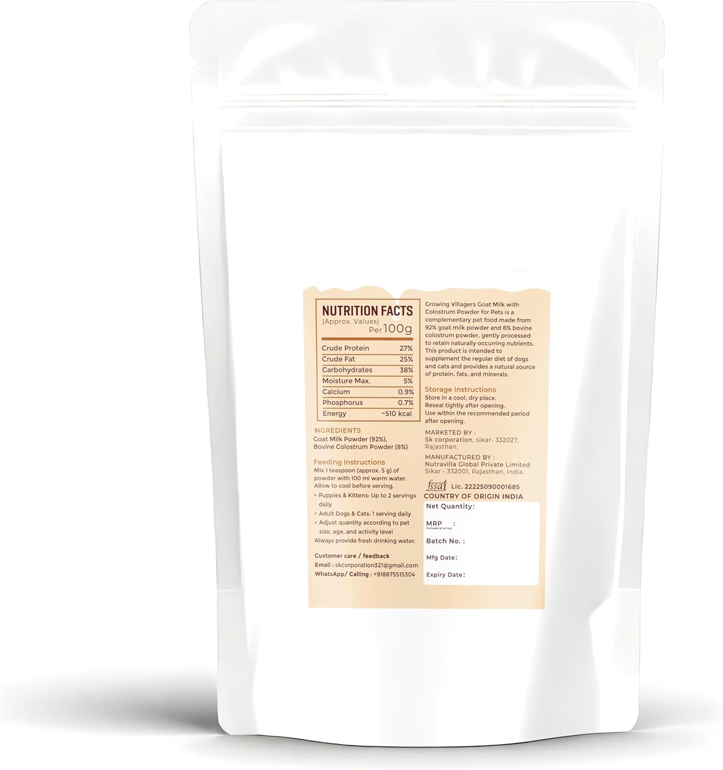 Goat Milk with Colostrum Powder for Dogs & Cats | 92% Goat Milk + 8% Bovine Colostrum | Highly Digestible Daily Milk Supplement for Pets | No Added Sugar, No Preservatives | 500 Gram