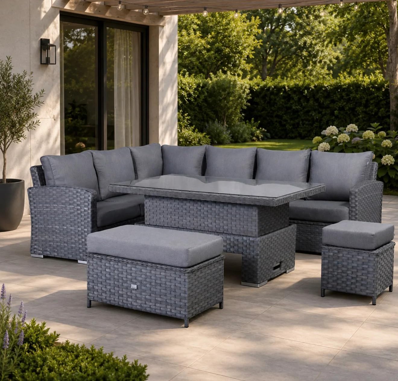 Rattan park Victoria Range High Back Modular 9 Seater Corner Safa with Rising Dining Table and 2 stools in Large Grey Weave