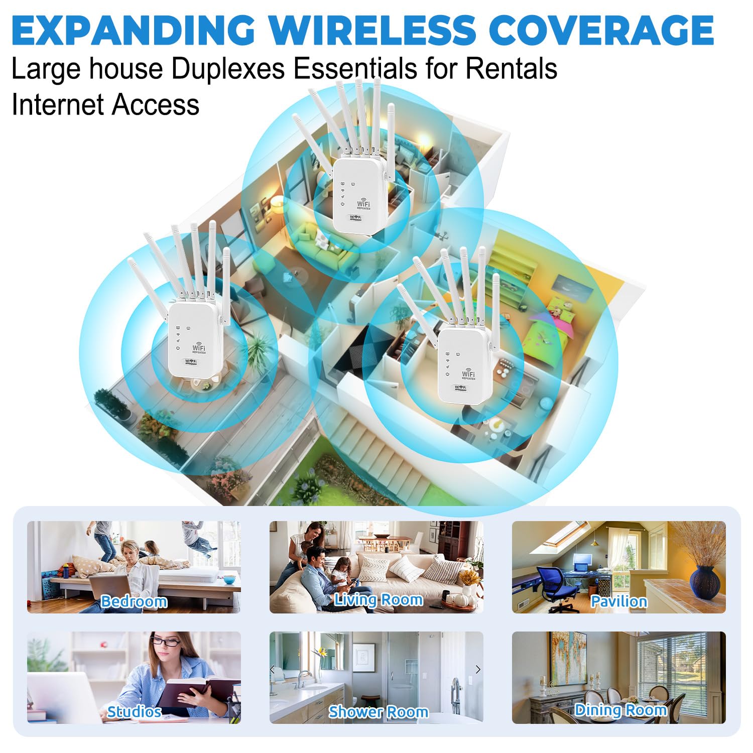 Amplificateur WiFi, Répéteur WiFi Puissant Longue Portée avec 6 Antennes et 2 Ports Ethernet, WiFi Extender Signal Fort, Compatible Fibre & Toutes Box, Mode AP/Repeater/Routeur