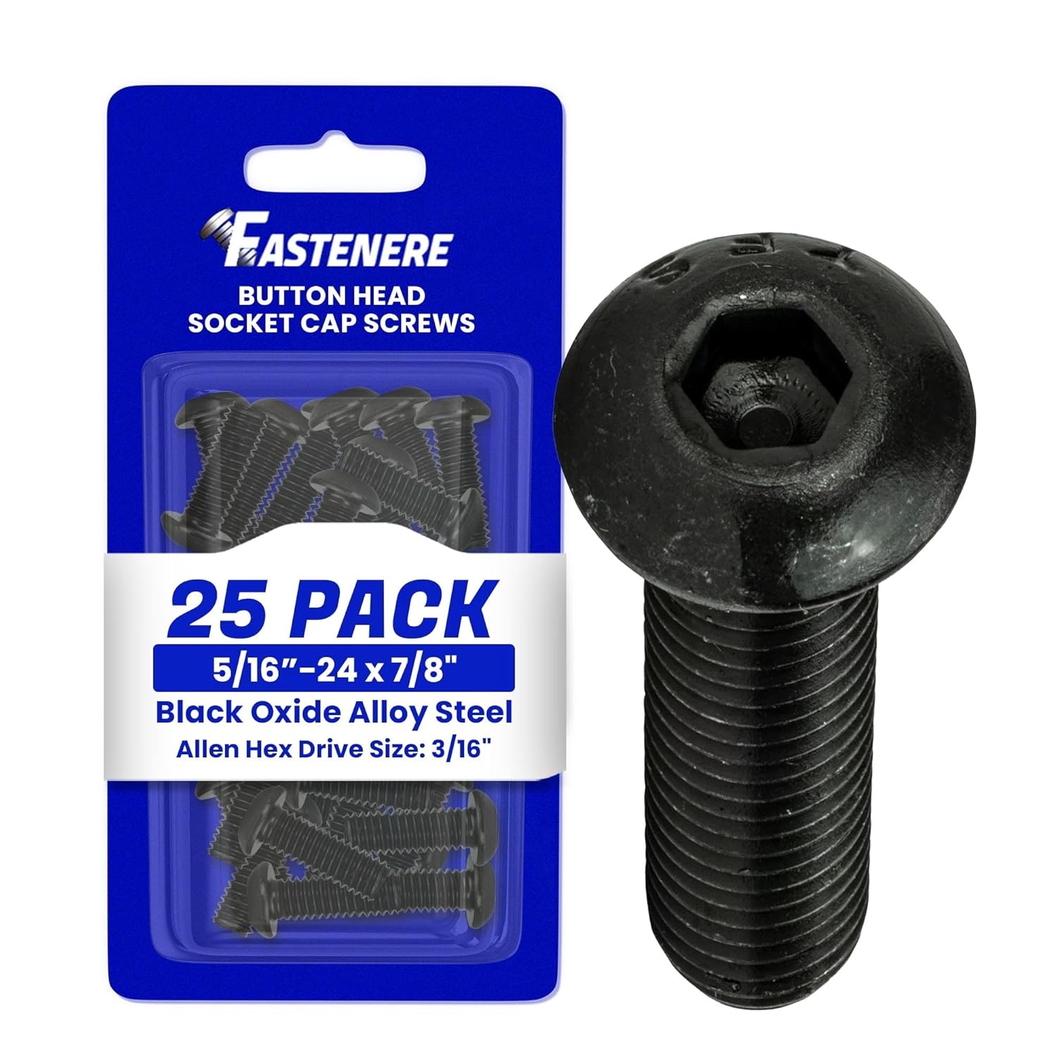 Fastenere Button Head Socket Cap Screws - 5/16-24 x 7/8" (25-Pcs) Alloy Steel, Fully Threaded, Fine Black Oxide Finish, Corrosion-Resistant, Machine Thread, Easy to Install w/Allen Hex Drive